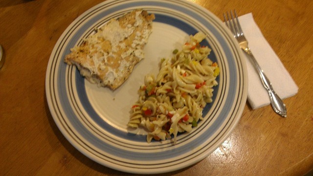 Not the best photo but it displays one of the fillets alongside an awesome pasta salad a friend of mine made